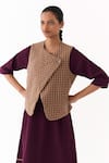 Three_Brown Round Neck Checkered Pattern Quilted Vest _at_Aza_Fashions