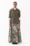 Shop_Three_Olive Green Twill Floral Print Circular Skirt _Online_at_Aza_Fashions