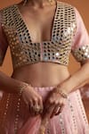 Shop Thetaa Pink Silk, Organza Embroidery, Mirrors V-neck Lehenga Blouse Set Shop_Thetaa_Pink Silk, Organza Embroidery, Mirrors V-neck Lehenga Blouse Set