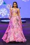 Buy_Mahima Mahajan_Pink Silk Organza Beads, Sequins V-neck Asma Floral Print Lehenga Set _at_Aza_Fashions