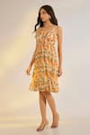 Ewoke_Yellow Georgette Square Neck Floral Print Sleeveless Dress _Online_at_Aza_Fashions