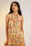 Ewoke_Yellow Georgette Halter Neck Floral Beach Dress _Online_at_Aza_Fashions