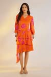 Ewoke_Orange Georgette, Satin V-neck Floral Print Layered Dress _Online_at_Aza_Fashions