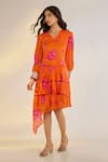 Buy_Ewoke_Orange Georgette, Satin V-neck Floral Print Layered Dress _at_Aza_Fashions