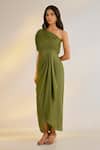Buy_Ewoke_Green Georgette, Satin Beads, Pearls, Embroidery One Shoulder Cowl Draped Dress _Online_at_Aza_Fashions