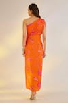 Shop Ewoke Orange Georgette, Satin One Shoulder Printed Cowl Draped Dress at Aza Fashions Shop_Ewoke_Orange Georgette, Satin One Shoulder Printed Cowl Draped Dress _at_Aza_Fashions