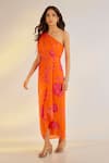 Ewoke Orange Georgette, Satin One Shoulder Printed Cowl Draped Dress Online at Aza Fashions Ewoke_Orange Georgette, Satin One Shoulder Printed Cowl Draped Dress _Online_at_Aza_Fashions