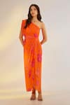 Buy Ewoke Orange Georgette, Satin One Shoulder Printed Cowl Draped Dress at Aza Fashions Buy_Ewoke_Orange Georgette, Satin One Shoulder Printed Cowl Draped Dress _at_Aza_Fashions