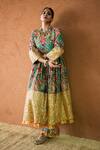 Gulabo Jaipur_Green Silk Mirrors, Tassels V-neck Budur Floral Print Anarkali And Pant Set _at_Aza_Fashions