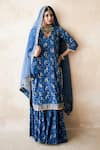 Gulabo Jaipur_Blue Cotton, Cambric Embroidery, Zari, Nazia Hand Work Pattern Kurta Sharara Set _Online_at_Aza_Fashions