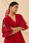 Buy_Jodi_Red Cotton Embroidery V-neck Unab Dobby Midi Dress _Online_at_Aza_Fashions
