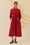Jodi_Red Cotton Applique Round Neck Unab Dobby Floral Dress _Online_at_Aza_Fashions