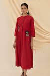 Shop_Jodi_Red Cotton Applique Round Neck Unab Dobby Floral Dress _at_Aza_Fashions