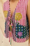 Jodi_Pink Cotton Embroidery V-neck Lali Checkered Front Tie-up Waistcoat _Online_at_Aza_Fashions
