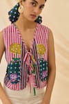 Shop_Jodi_Pink Cotton Embroidery V-neck Lali Checkered Front Tie-up Waistcoat _Online_at_Aza_Fashions