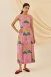 Buy_Jodi_Pink Voile Embroidery Round Neck Lali Striped Floral Print Midi Dress _at_Aza_Fashions