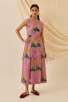 Shop_Jodi_Pink Voile Embroidery Round Neck Lali Striped Floral Print Midi Dress _Online_at_Aza_Fashions