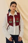 Buy_Jodi_Maroon Cotton Embroidery Open Neck Kuhu Quilted Floral Bib Jacket _at_Aza_Fashions