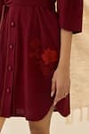 Jodi_Maroon Cotton Embroidery V-neck Kuhu Button-front Dress _Online_at_Aza_Fashions