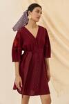 Shop_Jodi_Maroon Cotton Embroidery V-neck Kuhu Button-front Dress _at_Aza_Fashions