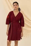 Buy_Jodi_Maroon Cotton Embroidery V-neck Kuhu Button-front Dress _at_Aza_Fashions