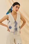 Buy_Jodi_Blue Denim Embroidery V-neck Saras Tie-up Floral Waistcoat _at_Aza_Fashions