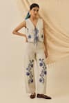 Jodi_Blue Denim Embroidery V-neck Saras Tie-up Floral Waistcoat _Online_at_Aza_Fashions