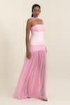 Buy_Pinup By Astha_Pink Chiffon Ruffles Bandeau Neck Ruched Strapless Gown With Stole _Online_at_Aza_Fashions