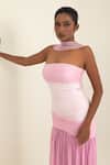 Pinup By Astha_Pink Chiffon Ruffles Bandeau Neck Ruched Strapless Gown With Stole _at_Aza_Fashions