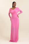 Buy_Pinup By Astha_Pink Lycra V-, Cowl Draped Long Sleeve Gown _at_Aza_Fashions