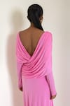 Pinup By Astha_Pink Lycra V-, Cowl Draped Long Sleeve Gown _at_Aza_Fashions