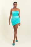 Buy_Pinup By Astha_Blue Satin, Georgette Bandeau Neck Ruched Backless Bodycon Mini Dress _Online_at_Aza_Fashions