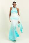 Shop_Pinup By Astha_Blue Lycra Round Neck Side Drape Ombre Ruched Gown  _Online_at_Aza_Fashions