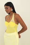Pinup By Astha_Yellow Lycra Pom-poms Halter Neck Ruched Bust Cut-out Gown _Online_at_Aza_Fashions