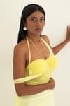 Buy_Pinup By Astha_Yellow Lycra Pom-poms Halter Neck Ruched Bust Cut-out Gown _Online_at_Aza_Fashions
