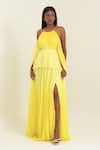 Shop_Pinup By Astha_Yellow Chiffon Halter Neck Ombre Tiered Gown  _Online_at_Aza_Fashions