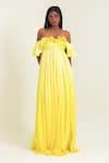 Shop_Pinup By Astha_Yellow Satin, Georgette Off-shoulder Ruffled Pleated Gown _Online_at_Aza_Fashions