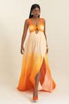 Pinup By Astha_Orange Chiffon Sweetheart Neck Ombre Cutout Gown  _at_Aza_Fashions