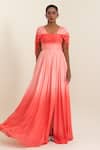 Buy_Pinup By Astha_Peach Chiffon Square Neck Ombre Ruched Gown  _at_Aza_Fashions