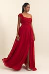 Pinup By Astha_Red Chiffon One Shoulder, Sweetheart Neck Draped Gown _Online_at_Aza_Fashions