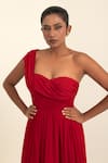 Pinup By Astha_Red Chiffon One Shoulder, Sweetheart Neck Draped Gown _at_Aza_Fashions