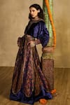 Buy_Reeti Arneja_Blue Velvet, Silk, Handloom Cotton Embroidery, Blouse And Floral Woven Lehenga Set _at_Aza_Fashions