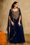 Buy_Reeti Arneja_Navy Handloom Cotton, Silk, Georgette Embroidery Scoop Neck, Jumpsuit With Cape _at_Aza_Fashions