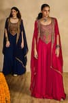 Buy_Reeti Arneja_Navy Handloom Cotton, Silk, Georgette Embroidery Scoop Neck, Jumpsuit With Cape _Online_at_Aza_Fashions