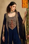 Reeti Arneja_Navy Handloom Cotton, Silk, Georgette Embroidery Scoop Neck, Jumpsuit With Cape _at_Aza_Fashions
