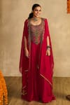 Buy_Reeti Arneja_Pink Handloom Cotton, Silk, Georgette Embroidery, Beads, Jumpsuit With Cape _at_Aza_Fashions