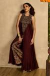 Buy_Reeti Arneja_Maroon Handloom Cotton, Silk, Cotton, Net Begum Pleated Kurta And Pant Set _at_Aza_Fashions