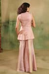 Shop_Reeti Arneja_Pink Silk Pearls, Beads V-neck Rose Embellished Wrap Top And Sharara Set _at_Aza_Fashions