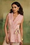 Buy_Reeti Arneja_Pink Silk Pearls, Beads V-neck Rose Embellished Wrap Top And Sharara Set _Online_at_Aza_Fashions