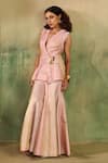 Buy_Reeti Arneja_Pink Silk Pearls, Beads V-neck Rose Embellished Wrap Top And Sharara Set _at_Aza_Fashions